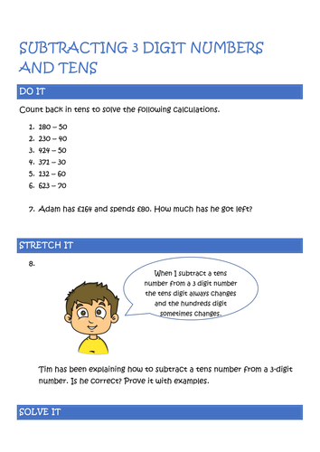 3 digit number subtract a tens number