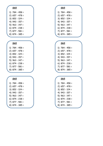 Maths - subtraction - column method, 3 digits numbers (Year 4).