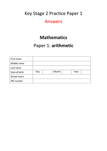 New Key Stage 2 (Year 6) Mathematics Arithmetic Practice Paper version 1 with answers