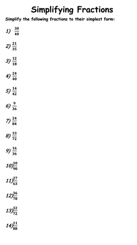 Simplifying Fractions Worksheet