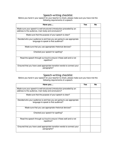 Speech writing planning and reflection forms