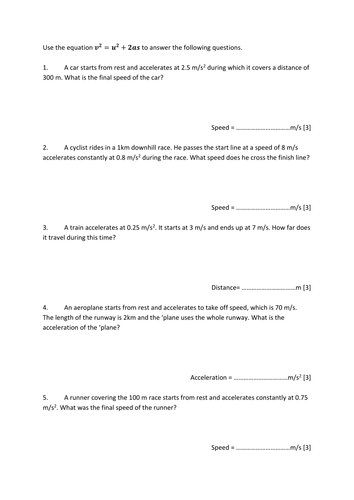 Calculations using v2 = u2 + 2as for GCSE