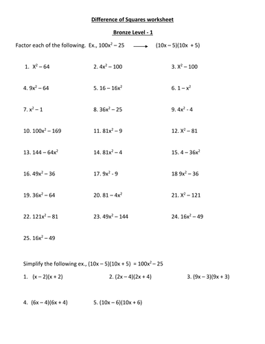 Difference of squares - worksheets