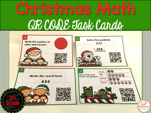 Christmas Math Review Task Cards Second Grade With QR Code