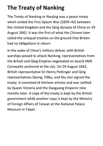The Treaty of Nanking Handout and the First Opium War Handout