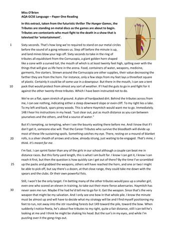 AQA Language Paper 1 - Reading 'Hunger Games' Walkthrough