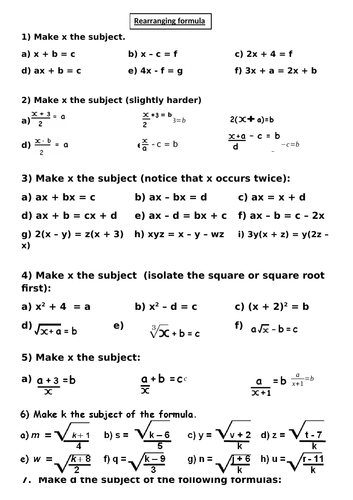 Gcse Rearranging Formula 85 Q That Increase In Difficulty Word Pdf Answers Working Out Teaching Resources