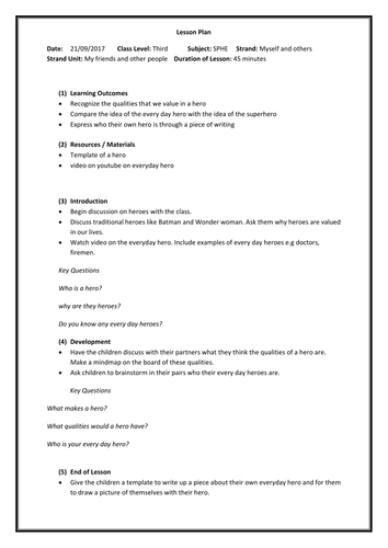 Everyday hero SPHE lesson plan and worksheet