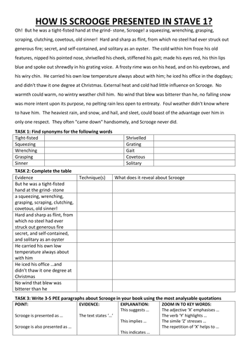 Scrooge in Stave 1 lesson. 5 short extracts with questions, activities and writing frame.