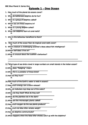 Blue Planet II Episode 1 One Ocean Worksheet And Answers Teaching Resources