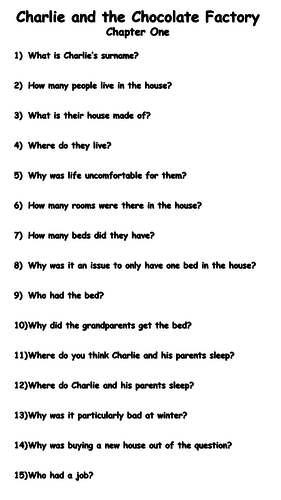 Charlie And The Chocolate Factory Reading Comprehension Questions Teaching Resources