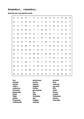 Guy Fawkes - Simple reading text, along with a word-search.