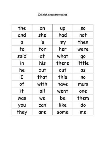 100 high frequency word table and homework