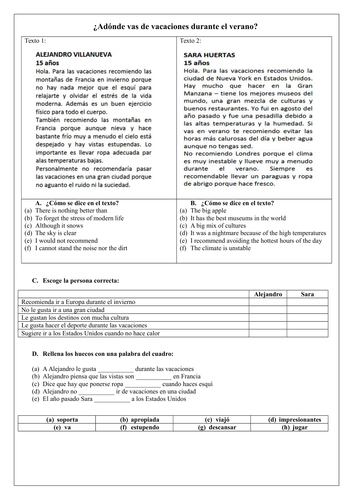 GCSE Spanish holidays & weather reading comprehension _ las vacaciones _el tiempo