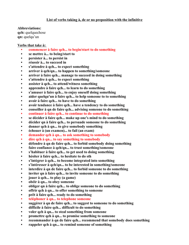 List of French verbs taking à, de or no preposition with the infinitive