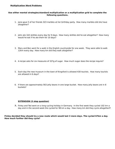 Simple Year 4 Multiplication Word Problems LA/MA