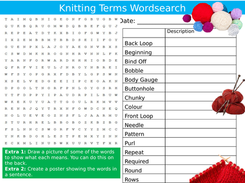 Knitting Terms Wordsearch Textiles Technology Starter Settler Activity Homework Cover Lesson