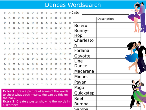 Types of Dances Wordsearch Dance PE Starter Settler Activity Homework Cover Lesson