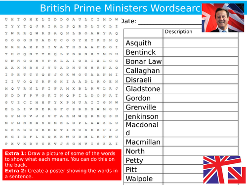 British Prime Ministers Wordsearch Politics Starter Settler Activity Homework Cover Lesson