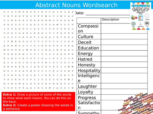 Abstract Nouns Wordsearch English Language Starter Settler Activity Homework Cover Lesson