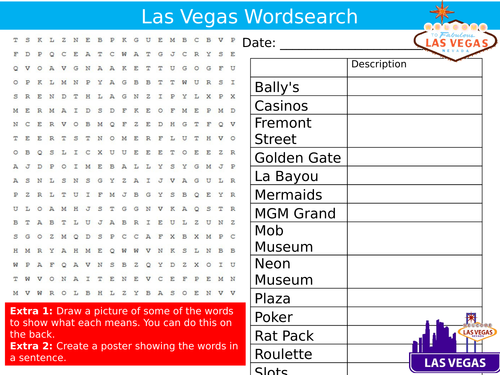 Las Vegas Wordsearch World City Starter Settler Activity Homework Cover Lesson