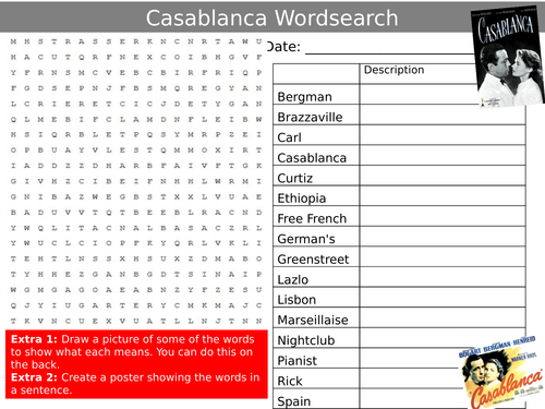 Casablanca Movie Wordsearch Media Studies Starter Settler Activity Homework Cover Lesson