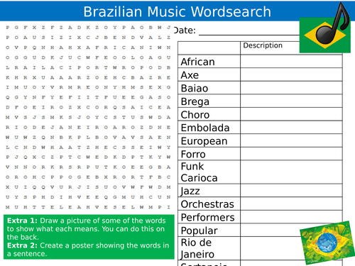 Brazilian Music Wordsearch World Music Starter Settler Activity Homework Cover Lesson