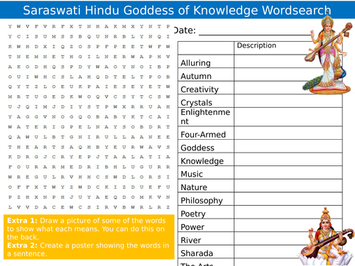 Saraswati Wordsearch Hindu Goddess of Knowledge Starter Settler Activity Homework Cover Lesson