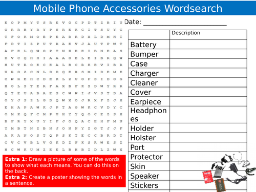 Mobile Phone Accessories Wordsearch Communication Starter Settler Activity Homework Cover Lesson