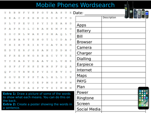 2 x Mobile Phones Wordsearch ICT Technology Starter Settler Activity Homework Cover Lesson