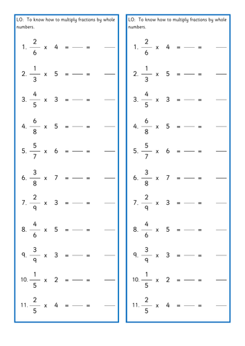 Multiplying fractions by whole numbers differentiated skills tasks