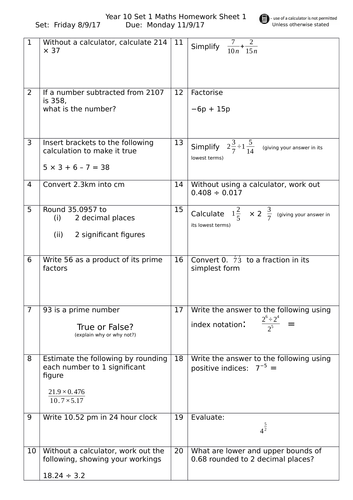 math worksheets for homework