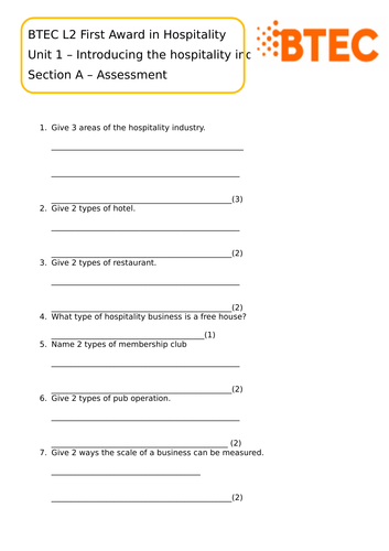 BTEC L2 Hospitality - Unit 1 - Section A assessment