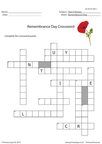 History Resource - Remembrance Day Crossword