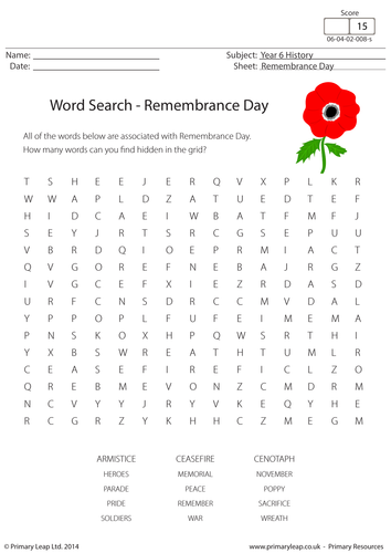 History Resource - Word Search: Remembrance Day