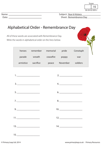 History Resource - Alphabetical Order: Remembrance Day