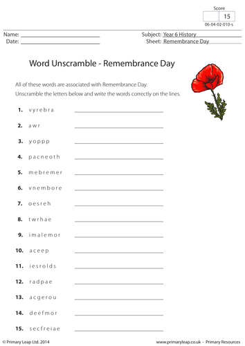 History Resource - Word Unscramble:  Remembrance Day