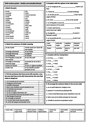 KS3/4 French - Healthy / Unhealthy lifestyle (sentence builder, reading comp, etc.)