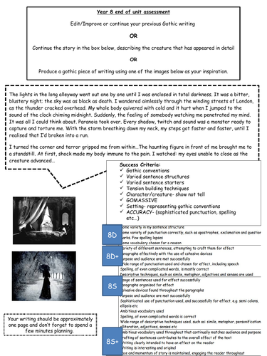 Gothic & Science Fiction Writing Assessment tasks with success criteria