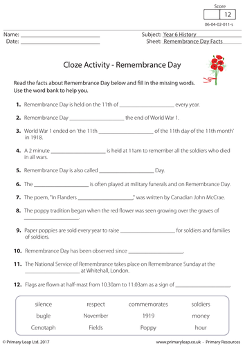 History Resource - Cloze Activity: Remembrance Day Facts