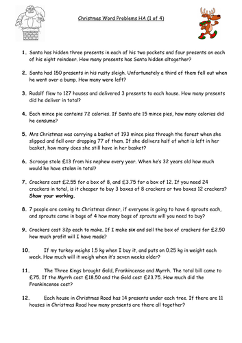 Christmas Maths Word Problems - differentiated 4 ways with answers