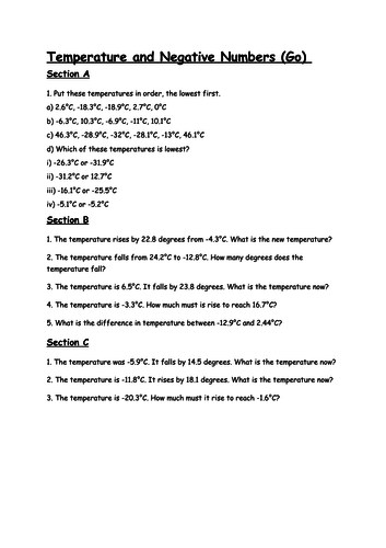 Year 6 Temperature with Negative Numbers (3 way differentiation)