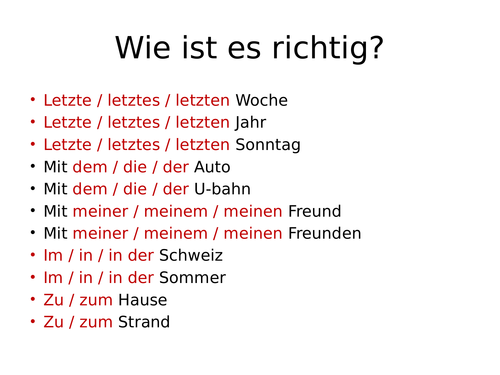 German time/manner/place phrases for past tense holiday topic