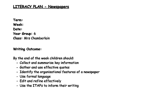 Year 6 Newspapers Unit of Work (5 lesson plans - 4 way differentiation)