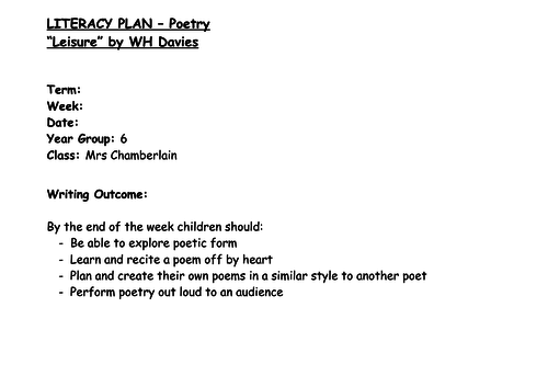 Year 6 Poetry Unit of Work - "Leisure" by WH Davies (3 lessons - 4 way differentiation)