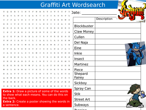 Graffiti Art Wordsearch Art and Design Starter Settler Activity Homework Cover Lesson