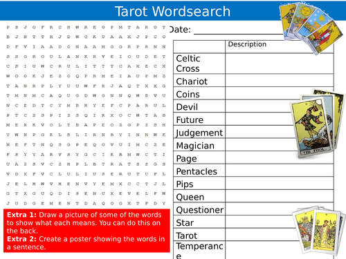 Tarot Cards Wordsearch Supersitition Religion RE Starter Settler Activity Homework Cover Lesson