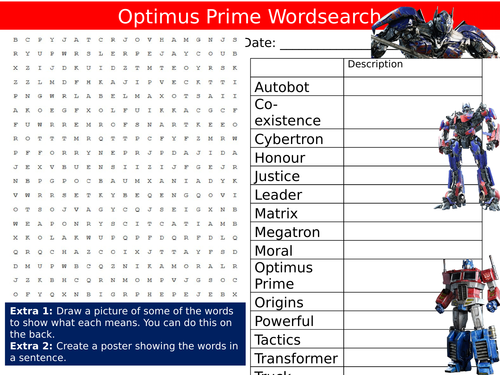 Optimus Prime Transformers Wordsearch Starter Settler Activity Homework Cover Lesson