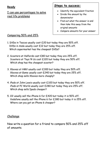 Percentages Real Life Problems (4 Way Differentiation)