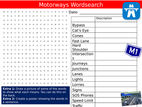 Motorways Wordsearch Transport Starter Settler Activity Homework Cover Lesson